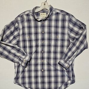 Men's Blue, Grey and White Long-Sleeve Eddie Bauer Shirt